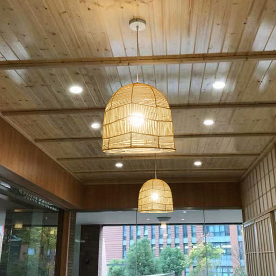 Chinese Bamboo Ceiling Suspension Lamp For Restaurants Head Basket Pendant Lighting In Wood