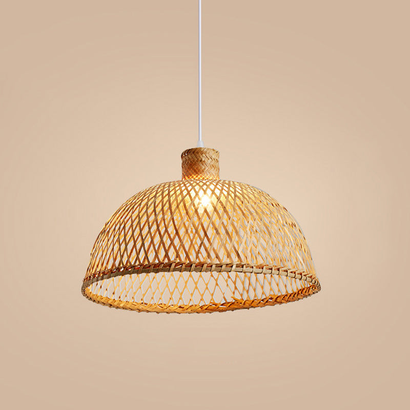 Asian Wood Tearoom Pendant Light With Bamboo Dome Shade - 1 Bulb Hanging Ceiling Lamp