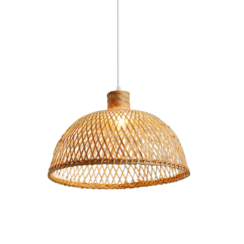 Asian Wood Tearoom Pendant Light With Bamboo Dome Shade - 1 Bulb Hanging Ceiling Lamp