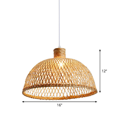 Asian Wood Tearoom Pendant Light With Bamboo Dome Shade - 1 Bulb Hanging Ceiling Lamp