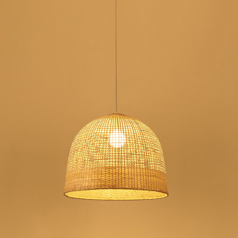 Japanese Beige Domed Pendant Lamp: Bamboo Ceiling Light For Teahouse