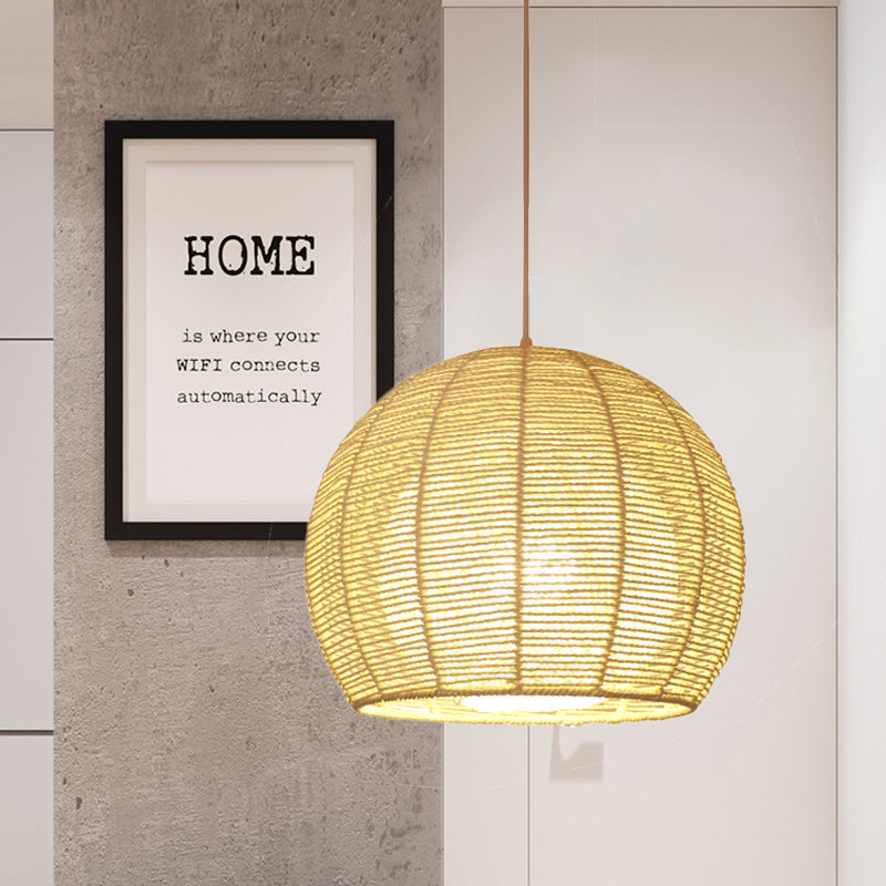 Chinese Beige Bamboo Sphere Ceiling Lamp - 1 Head Hanging Light Fixture