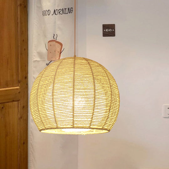 Chinese Beige Bamboo Sphere Ceiling Lamp - 1 Head Hanging Light Fixture