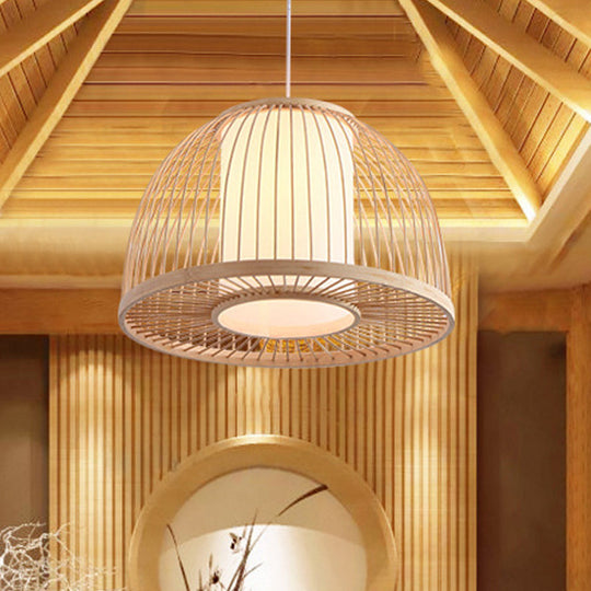 Asian Bamboo Domed Pendant Light - Wood Suspended Lighting Fixture With 1 Bulb 14/16 Wide