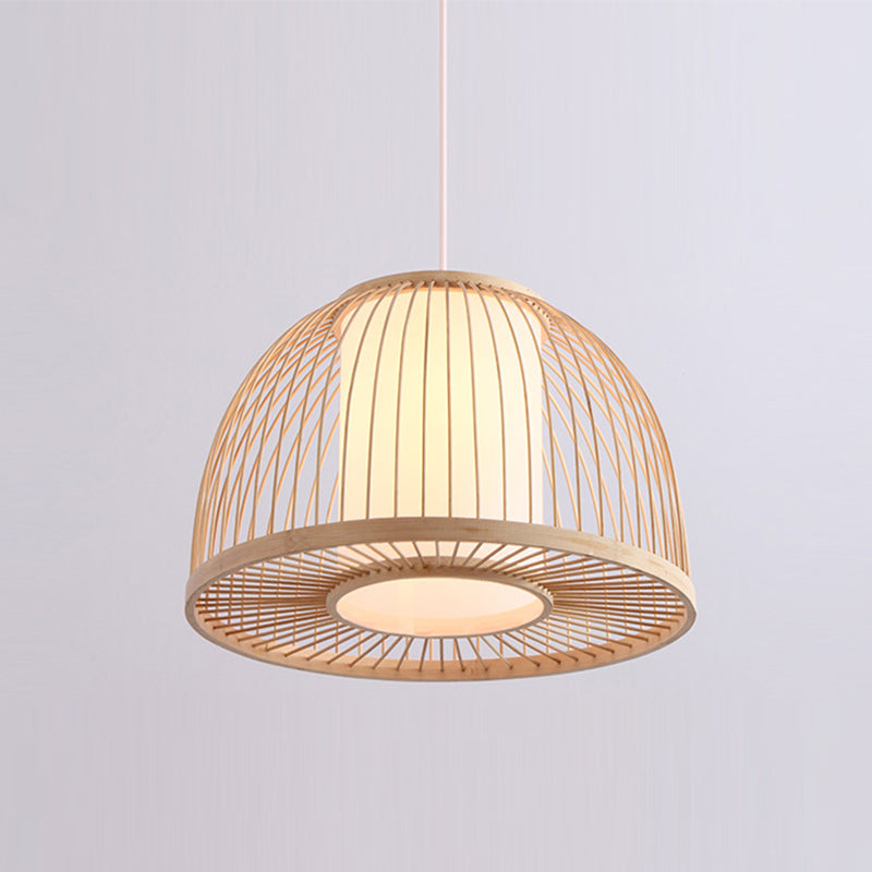 Asian Bamboo Domed Pendant Light - Wood Suspended Lighting Fixture With 1 Bulb 14/16 Wide