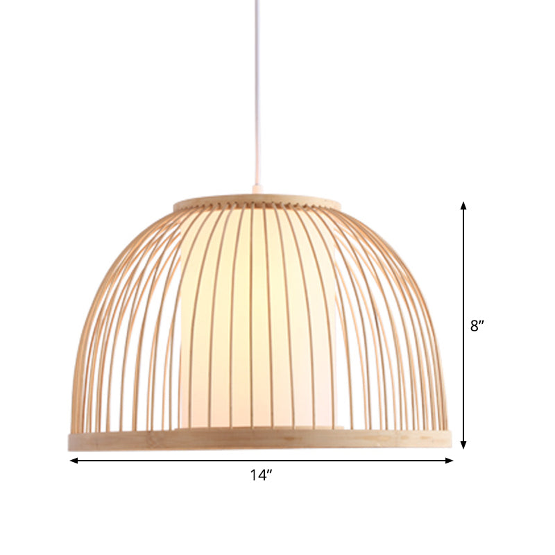 Asian Bamboo Domed Pendant Light - Wood Suspended Lighting Fixture With 1 Bulb 14/16 Wide