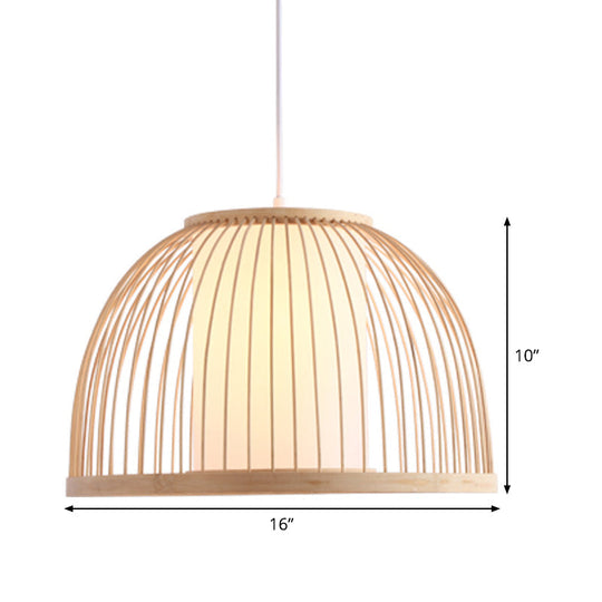 Asian Bamboo Domed Pendant Light - Wood Suspended Lighting Fixture With 1 Bulb 14/16 Wide