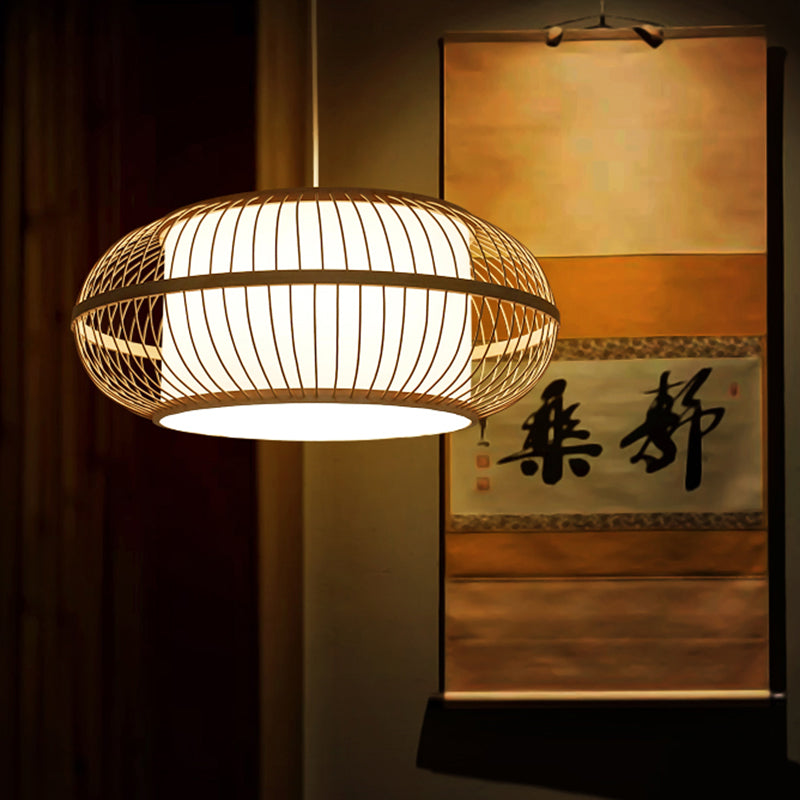 Asia Beige Bamboo Lantern Ceiling Lamp - Restaurant Hanging Light Fixture