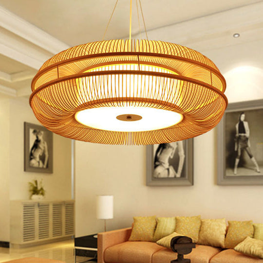 Bamboo Pendant Light With Beige Shade - Single Bulb Ceiling Lamp 25.5/31.5