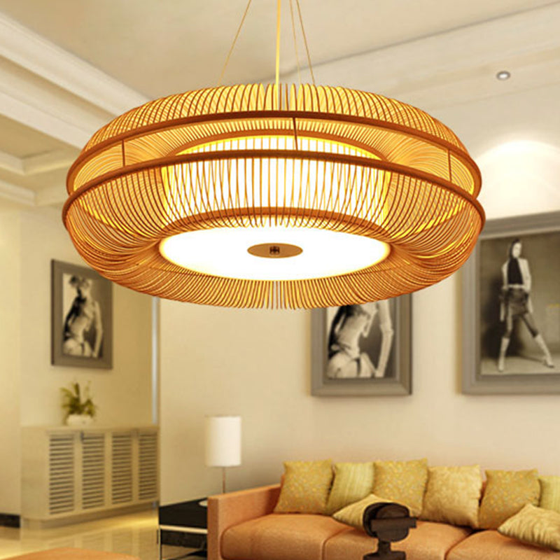 Bamboo Pendant Light With Beige Shade - Single Bulb Ceiling Lamp 25.5/31.5 / 25.5