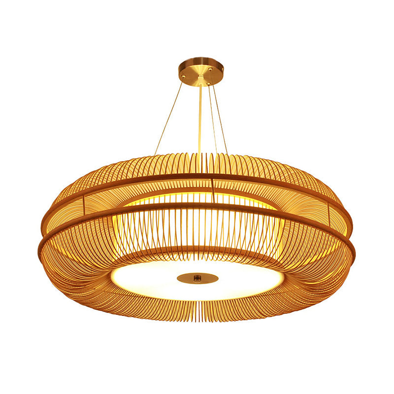 Bamboo Pendant Light With Beige Shade - Single Bulb Ceiling Lamp 25.5/31.5