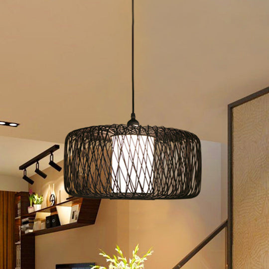 Bamboo Hanging Lamp - Asian Design 1 Bulb Pendant Light For Dining Room