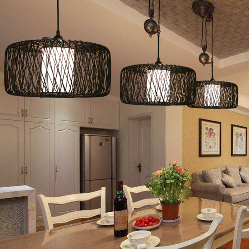 Bamboo Hanging Lamp - Asian Design 1 Bulb Pendant Light For Dining Room