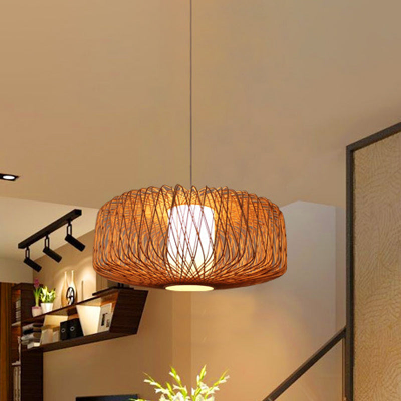 Bamboo Hanging Lamp - Asian Design 1 Bulb Pendant Light For Dining Room