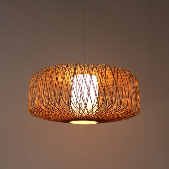 Bamboo Hanging Lamp - Asian Design 1 Bulb Pendant Light For Dining Room