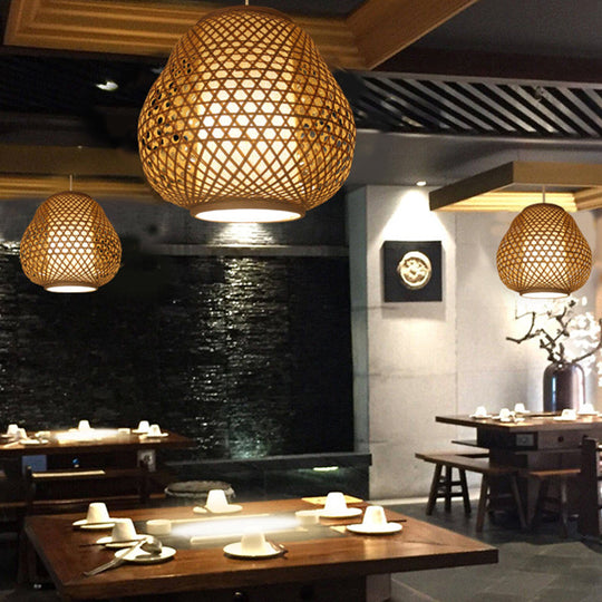 Bamboo Shade Asian Pendant Light With Teardrop Design - Beige Hanging Ceiling Fixture