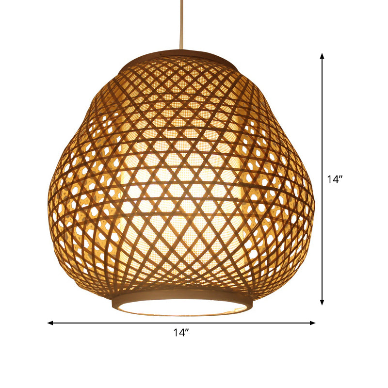 Bamboo Shade Asian Pendant Light With Teardrop Design - Beige Hanging Ceiling Fixture