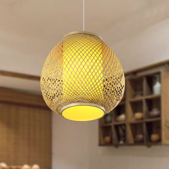 Handcrafted Chinese Bamboo Ceiling Lamp With Parchment Shade In Beige