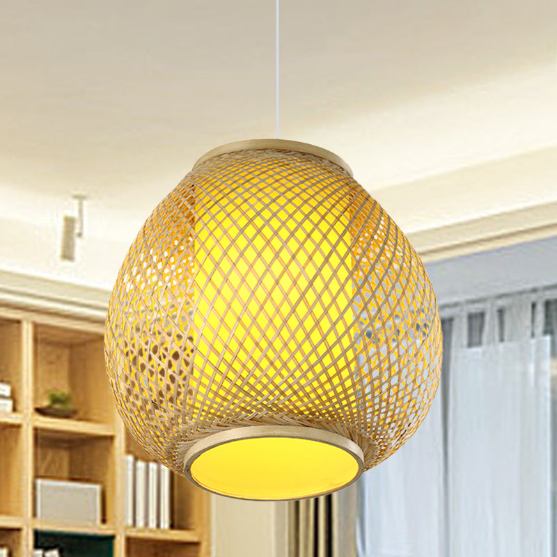 Handcrafted Chinese Bamboo Ceiling Lamp With Parchment Shade In Beige