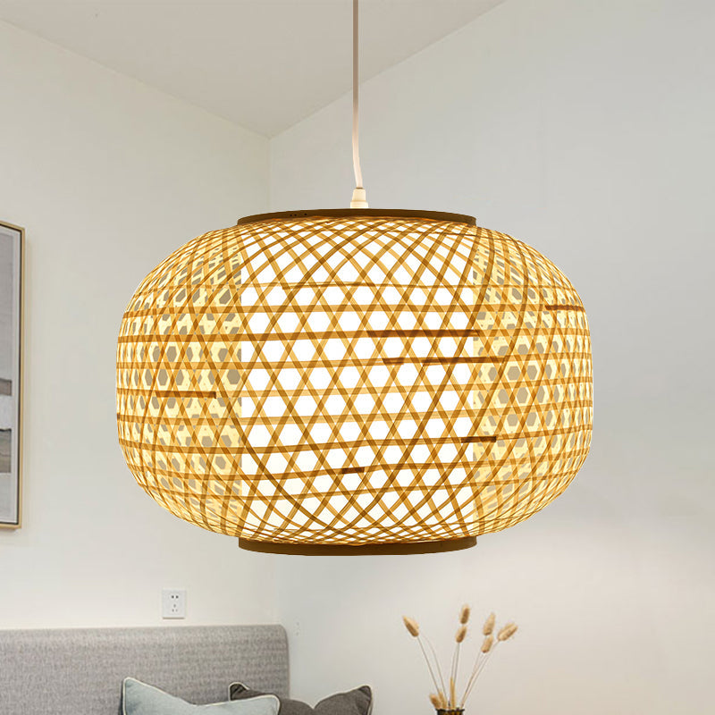 Asian Bamboo Ceiling Pendant With Beige Lantern Shade For Bedroom