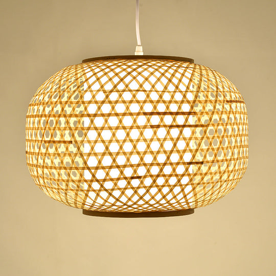 Asian Bamboo Ceiling Pendant With Beige Lantern Shade For Bedroom