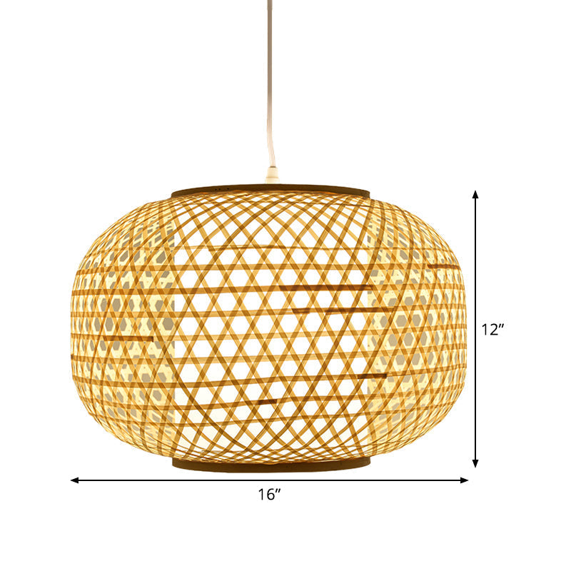 Asian Bamboo Ceiling Pendant With Beige Lantern Shade For Bedroom