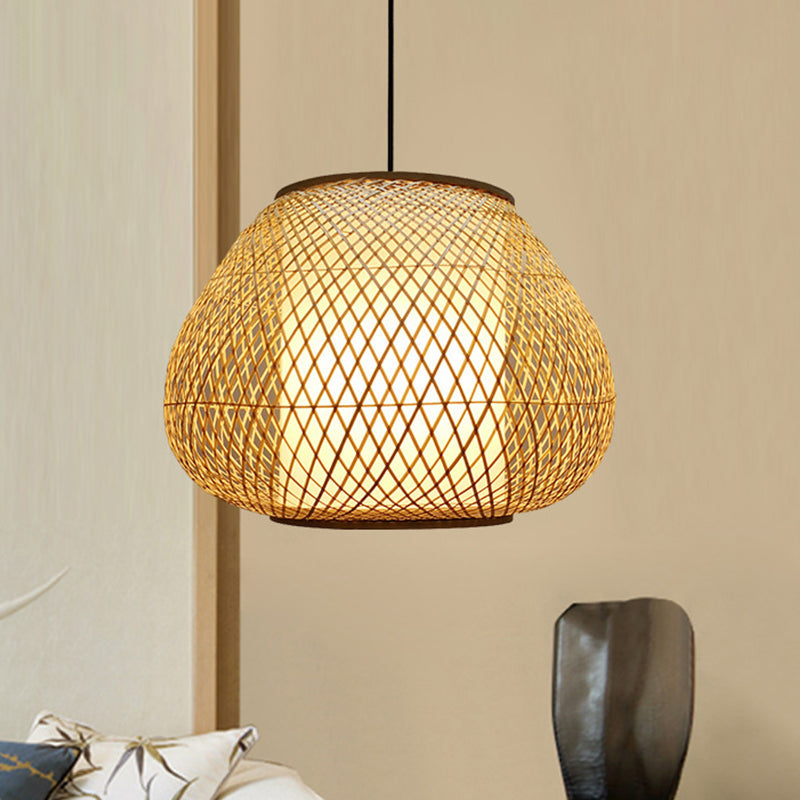 Bamboo Pear Pendant Light: Contemporary 1-Bulb Beige Suspension Fixture For Living Room