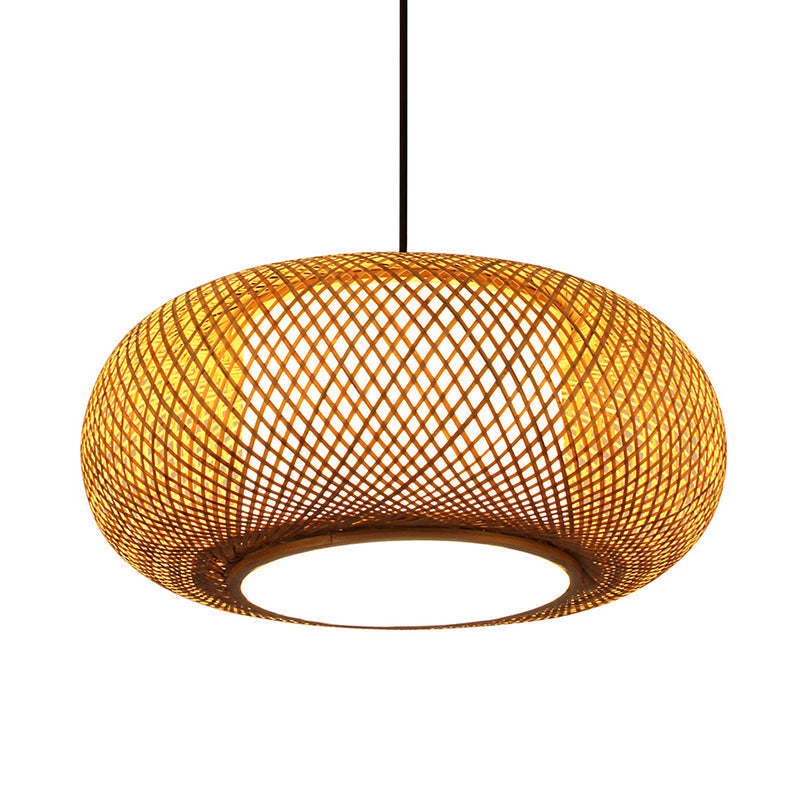 Curved Bamboo Pendant Lamp - Asian Style Ceiling Light 1 Bulb Beige 16/19.5 Wide