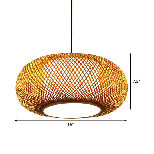 Curved Bamboo Pendant Lamp - Asian Style Ceiling Light 1 Bulb Beige 16/19.5 Wide