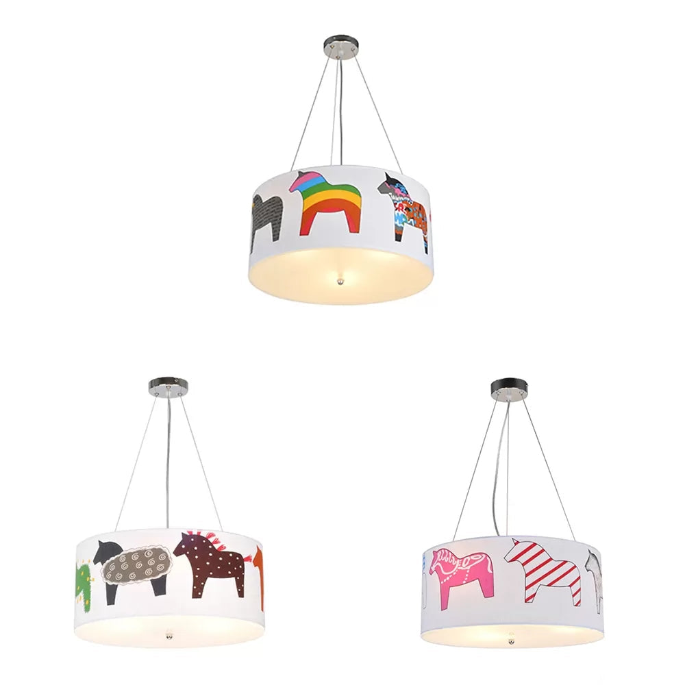 White Horse Fabric Chandelier: Animal Round Pendant For Kid Bedroom