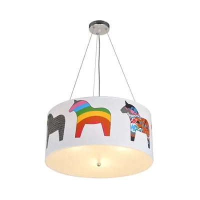 White Horse Fabric Chandelier: Animal Round Pendant For Kid Bedroom