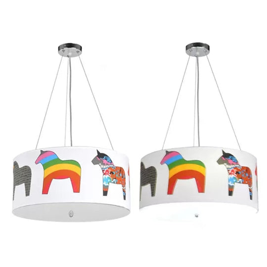 White Horse Fabric Chandelier: Animal Round Pendant For Kid Bedroom