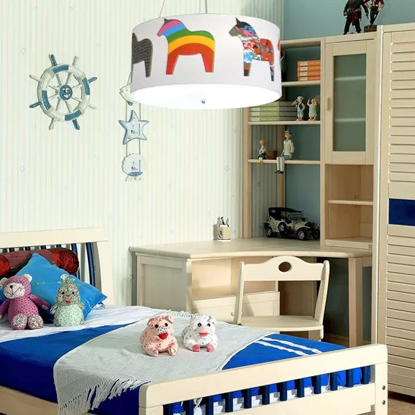 White Horse Fabric Chandelier: Animal Round Pendant For Kid Bedroom