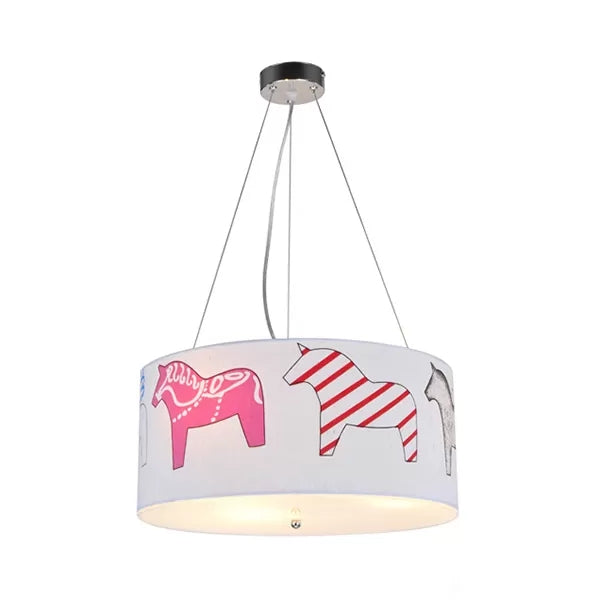 White Horse Fabric Chandelier: Animal Round Pendant For Kid Bedroom