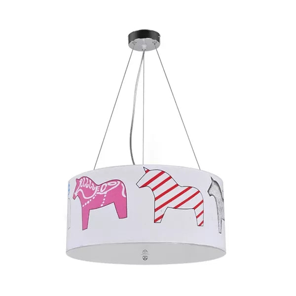 White Horse Fabric Chandelier: Animal Round Pendant For Kid Bedroom