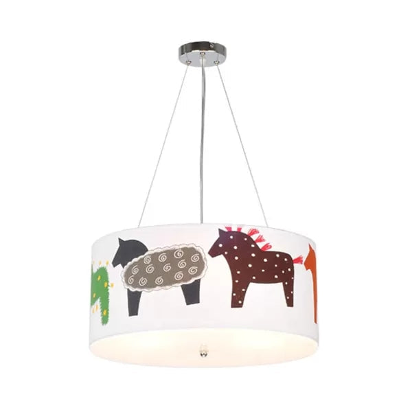 White Horse Fabric Chandelier: Animal Round Pendant For Kid Bedroom