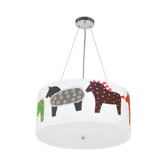 White Horse Fabric Chandelier: Animal Round Pendant For Kid Bedroom