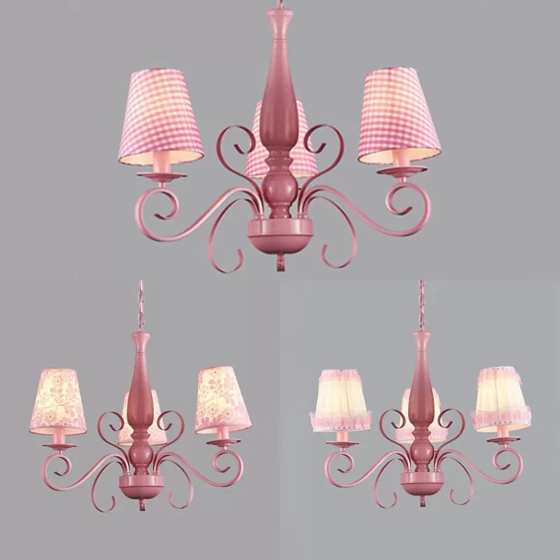 Kids Pink Chandelier: Girl Bedroom Metal Shade Tapered 3 Lights Hanging Light