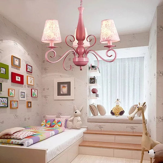 Kids Pink Chandelier: Girl Bedroom Metal Shade Tapered 3 Lights Hanging Light