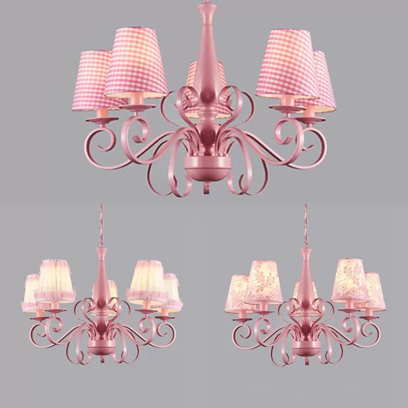 Kids Pink Tapered Shade Chandelier - 5 Light Metal Hanging Lamp For Living Room