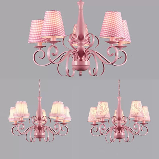 Kids Pink Tapered Shade Chandelier - 5 Light Metal Hanging Lamp For Living Room