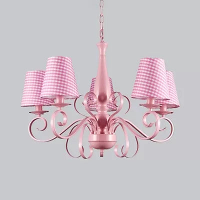 Kids Pink Tapered Shade Chandelier - 5 Light Metal Hanging Lamp For Living Room