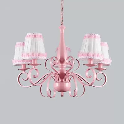 Kids Pink Tapered Shade Chandelier - 5 Light Metal Hanging Lamp For Living Room