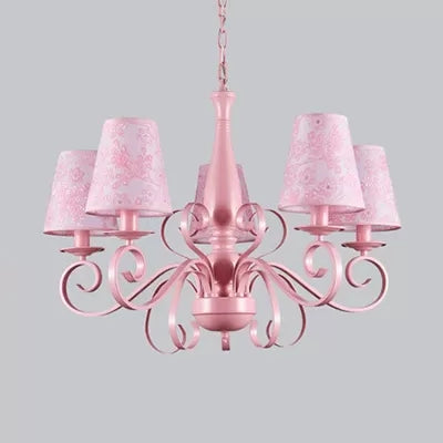 Kids Pink Tapered Shade Chandelier - 5 Light Metal Hanging Lamp For Living Room