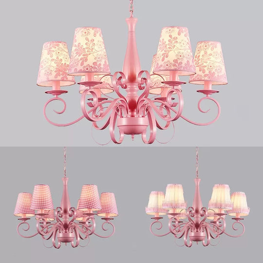 Modern Pink Fabric Chandelier With Tapered Shades - 6 Lights Pendant For Study Room