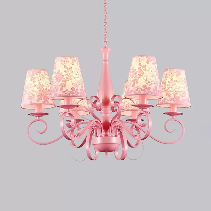 Modern Pink Fabric Chandelier With Tapered Shades - 6 Lights Pendant For Study Room