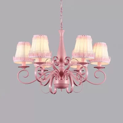 Modern Pink Fabric Chandelier With Tapered Shades - 6 Lights Pendant For Study Room