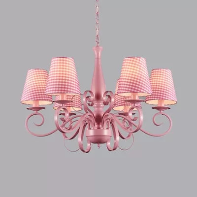 Modern Pink Fabric Chandelier With Tapered Shades - 6 Lights Pendant For Study Room