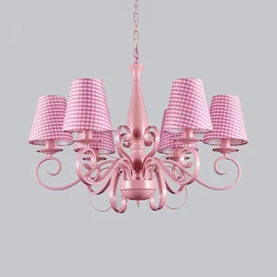 Modern Pink Fabric Chandelier With Tapered Shades - 6 Lights Pendant For Study Room / Trellis