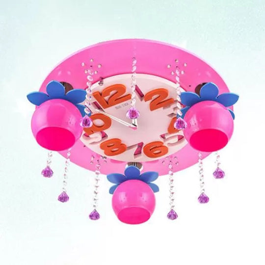 Crystal Wood Kid Bedroom Ceiling Mount Light With 3 Head Creative Lamp Pink